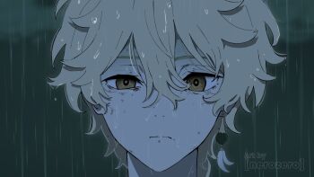 1boy aether_(genshin_impact) artist_name blonde_hair chainsaw_man close-up closed_mouth earrings genshin_impact hair_between_eyes hashtag-only_commentary highres jewelry looking_at_viewer male_focus nerozero portrait rain reze's_eye_twitch_(chainsaw_man) single_earring solo wet wet_hair yellow_eyes