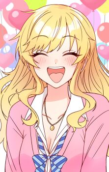 Rule 34 | 1girl, balloon, blonde hair, blue eyes, blush, bow, bowtie, breasts, cardigan, cleavage, closed eyes, commentary, english commentary, gyaru, highres, idolmaster, idolmaster cinderella girls, jewelry, long hair, loose bowtie, necklace, niban (puka 0507), ohtsuki yui, open mouth, pink cardigan, smile, solo, teeth, tongue, upper teeth only, wavy hair