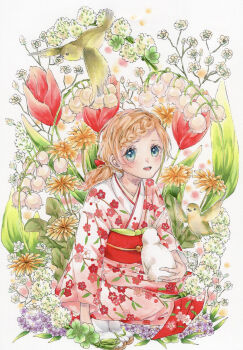 1girl absurdres animal aqua_eyes bird blonde_hair braid check_commentary commentary commentary_request floral_print floral_print_kimono flower highres holding holding_animal holding_rabbit hyaku_toori japanese_clothes kimono looking_at_viewer marker_(medium) nature obi original print_kimono rabbit sash smile solo tabi traditional_media white_background