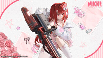 1girl absurdres belt belt_buckle blunt_bangs bow bow_legwear breasts buckle character_name cleavage cloud copyright_name facial_mark feet_out_of_frame flower goddess_of_victory:_nikke gun hair_bow hair_flower hair_intakes hair_ornament hair_ribbon headset highres holding holding_weapon jacket jewelry kneehighs large_breasts logo long_hair long_sidelocks looking_to_the_side miniskirt off_shoulder official_alternate_costume official_art on_one_knee one_side_up open_clothes open_jacket pendant pink_belt pink_flower pink_rose pink_skirt rapi_(nikke) rapi_(red_hood)_(nikke) rapi_(red_hood)_(shining_light)_(nikke) red_eyes red_hair ribbon rose shade sidelocks skirt socks solo star_(symbol) star_facial_mark very_long_hair weapon white_jacket white_ribbon
