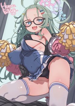 1girl artist_name blue_archive blue_eyes breasts cheerleader commentary_request covered_erect_nipples glasses green_hair hair_ornament hairclip halo highres huge_breasts long_hair meru_(blue_archive) paid_reward_available pom_pom_(cheerleading) puddinghomhom solo swimsuit thighhighs white_thighhighs