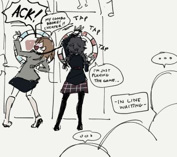 Rule 34 | ..., 2girls, :d, arcade, arcade cabinet, black pantyhose, black shirt, black shoes, black skirt, blush, brown hair, cheating (competitive), commentary, english commentary, grey hair, grey shirt, hands up, holding, holding leash, leash, leash pull, long sleeves, maimai (game), multiple girls, open mouth, pantyhose, partially colored, people, plaid clothes, plaid skirt, playing games, red skirt, shirt, shoes, sketch, skirt, smile, speech bubble, spoken ellipsis, swampbaby, twintails, white background, white shoes