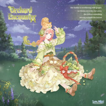 1girl animal animal_on_head artist_request bare_shoulders basket blunt_bangs boots bow bow_legwear bowtie braid brown_boots brown_eyes brown_hairband buttons character_name cloud collarbone copyright_logo country_lolita cross-laced_hairband dark_skin dot_nose english_text eyelashes flower food food-themed_hair_ornament frilled_hairband frilled_shirt_collar frilled_skirt frilled_sleeves frills fruit full_body gradient_eyes gradient_hair grape_hair_ornament grapes green_bow green_bowtie green_hair green_shirt green_tank_top grey_eyes hair_ornament hairband hand_up happy hill lavender_(flower) layered_shirt layered_skirt light_blush logo lolita_fashion lolita_hairband long_skirt long_sleeves looking_at_viewer loose_socks low_twin_braids miracle_nikki multicolored_eyes multicolored_hair night nikki_(series) off-shoulder_shirt off_shoulder official_art on_grass on_head open_mouth orange_sash orchard_encounter_(miracle_nikki) outdoors path pink_hair plaid_clothes plaid_skirt pom_pom_(clothes) puffy_long_sleeves puffy_sleeves purple_flower red_bow ribbon ribbon-trimmed_hairband road sailor_collar sash shirt sitting skirt sky sleeves_past_wrists smile socks solo sparkle squirrel star_(sky) starry_sky tank_top teeth third-party_source town tree twin_braids two-tone_hair upper_teeth_only waist_ribbon waist_sash white_sailor_collar white_socks yellow_flower yellow_ribbon yellow_skirt