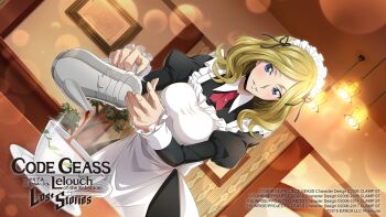 1girl apron black_dress blonde_hair blue_eyes blurry blush bokeh breasts code_geass code_geass:_lost_stories collared_dress commentary_request contrast_collar cup depth_of_field dress dutch_angle f4samurai frilled_apron frills glint hands_up happy highres holding holding_teapot indoors juliet_sleeves long_sleeves looking_at_viewer maid maid_apron maid_headdress medium_breasts medium_hair milly_ashford neck_ribbon official_art parted_bangs parted_lips picture_frame pouring puffy_sleeves red_ribbon ribbon sidelocks smile solo standing steam tea teacup teapot teeth upper_body white_apron