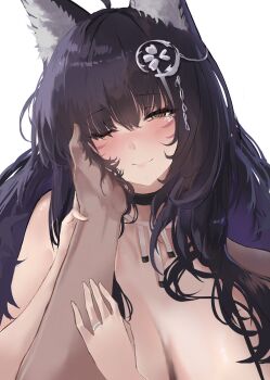 1girl animal_ears azur_lane commission fox_ears fox_girl highres jewelry liaowen musashi_(azur_lane) one_eye_closed pov pov_hands purple_hair ring second-party_source simple_background tears upper_body wedding_ring white_background