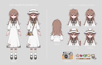 1girl absurdres animal_ears anteater badge black_bow black_bowtie black_sailor_collar black_shoes bottle_(bottle1234) bow bowtie broken_heart broken_heart_hair_ornament brown_hair button_badge camera camera_around_neck cat_ears cat_tail closed_mouth dress evil_neuro-sama full_body hair_between_eyes hashtag-only_commentary hat heart highres horns long_dress long_hair multiple_views neuro-sama red_eyes red_horns sailor_collar shoes socks straight-on tail vedal_ai virtual_youtuber white_dress white_hat white_socks