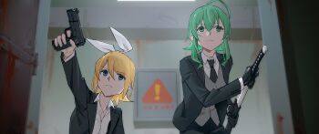 2girls ahoge aiming arm_up black_gloves black_jacket black_necktie black_pants blonde_hair blue_eyes bow browning_hi-power closed_mouth collared_shirt commentary_request drawing_sword frown furrowed_brow gloves green_eyes green_hair grey_vest gumi gun hair_between_eyes hair_bow hairband handgun hands_up highres holding holding_gun holding_sword holding_weapon jacket kagamine_rin long_sleeves medium_hair multiple_girls necktie open_clothes open_jacket pants scabbard sheath shirt short_hair sidelocks sign sword vest vocaloid warning_sign weapon white_bow white_hairband white_shirt wounds404