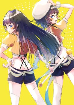 2girls absurdres argyle_clothes argyle_thighhighs artist_name back beret black_hair black_shorts blue_eyes closed_mouth clothing_cutout cowboy_shot cropped_jacket emutakanoe frilled_wrist_cuffs frills from_behind garter_straps green_sash hand_on_headwear hand_on_own_hip hat highres hip_vent hololive jacket long_hair looking_at_viewer looking_back marching_band_baton multiple_girls oozora_subaru oozora_subaru_(starlight) open_mouth orange_jacket pinstripe_jacket pinstripe_pattern profile sash short_hair shorts sideways_glance signature simple_background smile solo thighhighs virtual_youtuber white_garter_straps white_hat white_thighhighs wrist_cuffs yellow_background