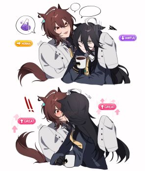 2girls agnes_tachyon_(tach-nology)_(umamusume) agnes_tachyon_(umamusume) animal_ears black_hair blush brown_hair coat coffee_mug commentary cup english_commentary gameplay_mechanics highres holding holding_cup horse_ears horse_girl horse_tail kiss lab_coat manhattan_cafe_(creeping_shadow)_(umamusume) manhattan_cafe_(umamusume) mug multiple_girls one_eye_closed potion red_eyes simple_background sleeves_past_fingers sleeves_past_wrists tail umamusume vamporu white_background white_coat yellow_eyes yuri