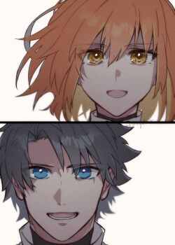 1boy 1girl artist_name black_hair blue_eyes commentary fate/grand_order fate_(series) fujimaru_ritsuka_(female) fujimaru_ritsuka_(female)_(decisive_battle_chaldea_uniform) fujimaru_ritsuka_(male) fujimaru_ritsuka_(male)_(decisive_battle_chaldea_uniform) high_collar looking_at_viewer lower_teeth_only masaki_(star8moon) medium_hair open_mouth orange_eyes orange_hair short_hair smile split_screen split_theme teeth upper_body