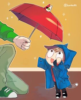 2boys adapted_costume aged_down animal_ears arms_up black_pants blue_coat cat_boy cat_ears cat_tail chibi child coat commentary_request edd_(eddsworld) eddsworld fang green_hoodie highres holding holding_umbrella hood hood_up hoodie indoors kemonomimi_mode korika02 male_focus multiple_boys open_mouth out_of_frame pants red_hoodie shoes smile sneakers sparkle tail tord_(eddsworld) umbrella