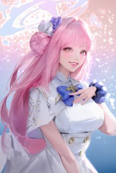 1girl absurdres blue_archive blue_bow blue_bowtie blue_scrunchie bow bowtie breasts dress grin hair_bun hair_intakes halo hand_on_own_chest hand_up hashtag-only_commentary highres large_breasts lizchief long_hair looking_at_viewer mika_(blue_archive) pink_hair purple_halo realistic red_lips scrunchie short_sleeves smile solo thigh_strap upper_body white_dress wispy_bangs wrist_scrunchie yellow_eyes