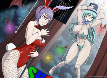 alternate_costume animal_ears arms_up bare_shoulders barefoot bat_(animal) bikini blush body_control bow bowtie breasts cleavage commentary darkstalkers demon_girl embarrassed english_commentary english_text gloomy_puppet_show green_eyes grin hat heart highres lilith_(darkstalkers) long_hair looking_at_another looking_down makeup morrigan_aensland open_mouth playboy_bunny puppet puppet_show puppet_strings purple_hair rabbit_ears rope short_hair smile stage stage_lights stormfeder string surprised swimsuit thighs top_hat