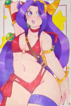 1girl asamiya_athena bikini breasts curvy female_focus gold hairband large_breasts mrstardust6 open_mouth pale_skin panties princess_athena purple_eyes purple_hair red_panties snk_heroines:_tag_team_frenzy swimsuit the_king_of_fighters thick_thighs thighs underwear wide_hips
