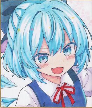 1girl blue_bow blue_dress blue_eyes blue_hair bow cirno collared_shirt commentary_request dated detached_wings dress hair_bow hoshi_tea_party ice ice_wings looking_at_viewer neck_ribbon open_mouth pinafore_dress red_ribbon ribbon shikishi shirt signature sleeveless sleeveless_dress smile solo touhou traditional_media white_shirt wings