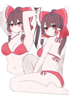 Rule 34 | 1girl, absurdres, arms up, ass, bikini, blush, bow, breasts, brown hair, cleavage, closed mouth, collarbone, commentary request, frilled bow, frilled hair tubes, frills, hair between eyes, hair bow, hair tubes, hakurei reimu, highres, kiui (dagk8254), large breasts, long hair, medium breasts, multiple views, navel, paid reward available, red bikini, red eyes, side-tie bikini bottom, simple background, sitting, stomach, swimsuit, touhou, wet, white background