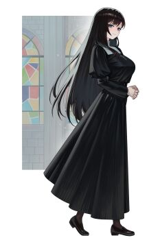 1girl absurdres belt black_dress black_hair black_shoes blue_eyes breasts cross cross_necklace dress full_body gemi_ningen guimpe highres jewelry juliet_sleeves large_breasts light_smile loafers long_hair long_sleeves looking_at_viewer necklace nun original own_hands_clasped own_hands_together puffy_sleeves rosary shoes solo very_long_hair walking white_background