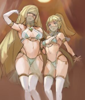 2girls arabian_clothes belly_dancer blonde_hair blunt_bangs bracelet breasts bridal_gauntlets dancer earrings female_focus gloves green_eyes harem_outfit jewelry lillie_(pokemon) long_hair lusamine_(pokemon) mature_female medium_breasts mother_and_daughter mouth_veil multiple_girls navel nintendo pelvic_curtain pokemon pokemon_sm ponytail revealing_clothes terufuu thighhighs veil white_legwear
