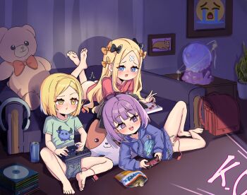 3girls abigail_williams_(fate) absurdres arcade_stick backpack bag bag_of_chips barefoot black_ribbon blonde_hair blue_eyes blue_hoodie can commission commissioner_upload controller crying_emoji emoji fate/grand_order fate_(series) feet game_controller green_shirt heart heart-shaped_pupils helena_blavatsky_(fate) highres hitbox hood hoodie joystick loli multiple_girls orgasm paul_bunyan_(fate) playing_games purple_eyes purple_hair pussy randoseru ribbon sex_toy shirt sitting symbol-shaped_pupils tagme uncensored uohhhhhhhhh!_(meme) vibrator vibrator_under_clothes vieru2n yellow_eyes