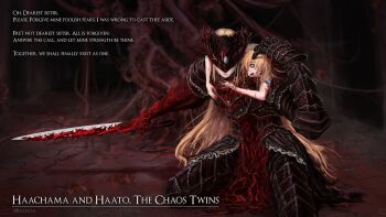 akai_haato armor artist_name baloolax blonde_hair blood blue_eyes cosplay crossover dark_souls_(series) dark_souls_iii english_text gauntlets guro highres holding holding_sword holding_weapon hololive intestines kneeling long_hair lorian_(elder_prince) lorian_(elder_prince)_(cosplay) lothric_(younger_prince) lothric_(younger_prince)_(cosplay) sword virtual_youtuber weapon