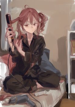 1girl absurdres ahoge black_pajamas collared_shirt crossed_legs curly_hair drill_hair full_body hair_between_eyes hair_curl hair_dryer hairdressing highres ikuhana_niiro indoors kasane_teto lapels long_sleeves notched_lapels on_bed pajamas red_eyes red_hair red_trim shelf shirt sitting sketch solo twin_drills twintails utau