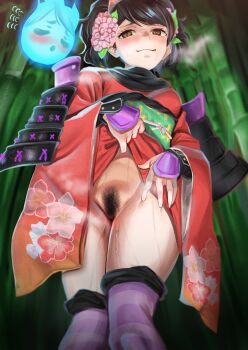 1girl :q absurdres armor bamboo bamboo_forest black_hair blush breath brown_eyes female_pubic_hair flashing flower forest from_below ghost green_sash hair_flower hair_ornament highres japanese_armor japanese_clothes kimono licking_lips long_sleeves looking_at_viewer momohime nature no_panties obi oboro_muramasa pink_flower pubic_hair purple_thighhighs pussy_juice pussy_juice_trail ramanda red_kimono sash shoulder_armor smile sode solo standing striped_clothes striped_thighhighs sweat thighhighs tongue tongue_out wide_sleeves