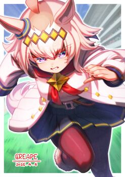 1girl ahoge animal_ears belt black_pantyhose blue_eyes blue_sailor_collar blue_skirt breasts brooch commentary_request creape ear_ornament grey_hair hair_between_eyes hair_ornament hairband highres horse_ears horse_girl jacket jewelry long_hair long_sleeves medium_breasts multicolored_hair neckerchief oguri_cap_(starlight_beat)_(umamusume) oguri_cap_(umamusume) open_mouth pantyhose pleated_skirt red_neckerchief running sailor_collar shirt skirt solo star_brooch umamusume white_jacket white_shirt