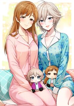 2girls absurdres ahoge anastasia_(idolmaster) blue_eyes blue_pajamas blue_shirt blue_shorts blush breasts brown_eyes brown_hair character_doll cleavage collarbone commentary_request doll grey_hair hair_between_eyes highres idolmaster idolmaster_cinderella_girls long_hair looking_at_viewer medium_breasts multiple_girls nitta_minami open_mouth pajamas pants pink_pajamas pink_pants pink_shirt popon_ta shirt short_hair shorts sitting smile thighs