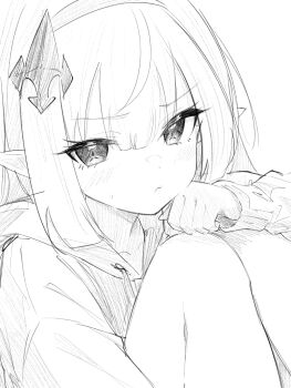 1girl blush closed_mouth greyscale hair_ornament hairband hood hood_down hoodie knees_up koko_(user_hktv5235) long_hair long_sleeves looking_at_viewer monochrome pointy_ears simple_background solo stella_sora tyrant_(stella_sora) white_background