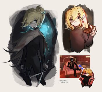 1girl absurdres black_overalls blonde_hair candle candlestand cape chibi cloak doors_(roblox) english_text game_screenshot_inset glasses highres holding holding_candle holding_candlestand holding_scissors multiple_views original overalls player_character_(roblox) roblox scissors seek_(doors) short_hair sleeping urennnii urennnii_(roblox)