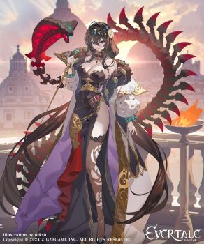 1girl 2024 animal artist_name bone breasts brown_hair character_request coat cobra_(animal) copyright_name dress evertale feather_boa floral_print gem gold hair_ornament high_heels holding holding_weapon jewelry large_breasts long_hair pantyhose pearl_(gemstone) purple_eyes smile snake staff sunset teffish very_long_hair weapon