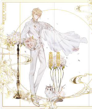 1boy absurdres alkaid_mcgrath blonde_hair bouquet bow bowtie bridal_veil cat chinese_commentary chinese_text closed_mouth cuff_links floral_background flower formal_clothes full_body gloves green_eyes groom hair_behind_ear hair_between_eyes half_gloves hand_up highres holding holding_bouquet holding_veil jacket lapel_pin lapels long_sleeves looking_at_viewer lovebrush_chronicles male_focus medium_hair nieorst pants peaked_lapels pink_flower pink_rose ragdoll_(cat) rose see-through_clothes see-through_veil shirt shoes sideways_glance smile smoke solo standing star_button suit tuxedo_shirt vase veil wallet_chain white_background white_bow white_bowtie white_gloves white_jacket white_pants white_shirt white_shoes white_suit white_veil