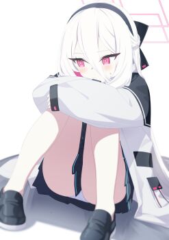 Rule 34 | absurdres, bare legs, black hairband, black shoes, black skirt, blue archive, blush, bright pupils, double-parted bangs, hair between eyes, hairband, halo, highres, hugging own legs, jacket, kei (blue archive), kei (new body) (blue archive), knees up, kukuzero neko, long hair between eyes, panties, pantyshot, red eyes, ringed eyes, shoes, simple background, sitting, skirt, sweatdrop, underwear, white background, white hair, white jacket, white panties, white pupils