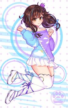 1girl blob brown_eyes brown_hair centi_(nimu) hair_ornament highres indie_virtual_youtuber kami_bakeneko_(artist) low_twintails multicolored_hair nimu_(vtuber) nimu_(vtuber)_(2nd_costume) off-shoulder_shirt off_shoulder shirt skirt smile solo star_(symbol) star_hair_ornament streaked_hair twintails virtual_youtuber white_legwear white_skirt