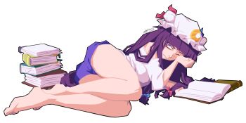 1girl alternate_costume ass barefoot blue_bow blunt_bangs book book_stack bow cel_shading closed_mouth commentary crescent crescent_hat_ornament english_commentary full_body grunt_(tnurg) hair_bow hat hat_ornament highres long_hair looking_at_viewer mob_cap off_shoulder one_eye_closed open_book patchouli_knowledge purple_eyes purple_hair purple_shorts red_bow shirt shorts signature simple_background solo touhou white_background white_hat white_shirt