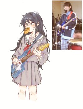Rule 34 | 1girl, artist name, black hair, blush, collarbone, commentary, cowboy shot, derivative work, electric guitar, emrinuii, facing viewer, fender telecaster, food, food in mouth, grey eyes, grey serafuku, grey shirt, grey skirt, guitar, hair between eyes, highres, hoshino ichika (project sekai), instrument, long hair, long sleeves, looking ahead, messy hair, miyamasuzaka girls' academy school uniform, mouth hold, music, neckerchief, photo inset, playing guitar, playing instrument, pleated skirt, project sekai, red neckerchief, reference inset, sailor collar, school uniform, serafuku, shirt, sidelocks, simple background, skirt, sleeve cuffs, solo, standing, sweatdrop, white background, white sailor collar, yakisobapan