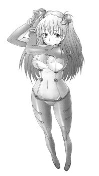 1girl bodysuit breasts covered_navel curvy evangelion:_2.0_you_can_(not)_advance fat_mons female_focus full_body highres long_hair mecha_pilot_suit medium_breasts monochrome neon_genesis_evangelion plugsuit_(evangelion) rebuild_of_evangelion sakai_hamachi see-through_bodysuit see-through_clothes shiny_skin simple_background solo souryuu_asuka_langley standing strapless test_plugsuit_(evangelion) twintails very_long_hair white_background