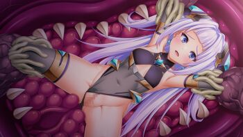 Rule 34 | 1girl, armpits, black leotard, blue eyes, blush, breasts, censored, chest jewel, clothing aside, covered navel, earrings, elbow gloves, exs-tia guilt, game cg, gloves, grey leotard, grey thighhighs, hair intakes, hair ornament, highleg, highleg leotard, imminent penetration, imminent rape, imminent vaginal, jewelry, kamitsurugi ouka, kouyoku senki exs-tia concert, large variant set, leotard, leotard aside, long hair, lying, magical girl, monster, mosaic censoring, non-web source, official art, on back, open mouth, pussy, restrained, scared, small breasts, solo, spread legs, sugahara mifuyu, teeth, tentacles, thighhighs, variant set, very long hair, white hair, wide-eyed