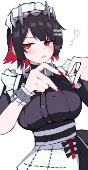 1girl black_hair blush breasts colored_inner_hair commentary_request earclip ellen_joe fins fish_tail four-finger_heart_hands frilled_wristband hairband heart heart_hands highres large_breasts looking_at_viewer maid_headdress metal_hairband mole mole_under_eye multicolored_hair parted_lips razor_blade_hair_ornament red_eyes red_nails shark_girl shark_tail short_hair simple_background solo spiked_headband tail upper_body white_background yuntaro_(ramen_star) zenless_zone_zero