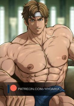 1boy abs bara blue_male_underwear briefs brown_hair bulge castlevania_(series) couch cowboy_shot erection erection_under_clothes flexing_pectorals grin headband hydaria large_pectorals looking_at_viewer male_focus male_underwear muscular muscular_male navel nipples on_couch paid_reward_available pectorals richter_belmont short_hair sideburns sitting smile solo stomach topless_male underwear v-shaped_eyebrows veins veiny_arms watermark
