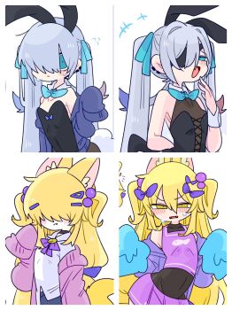 +++ 2boys :3 animal_ear_fluff animal_ear_hairband animal_ears armpit_crease armpits bare_shoulders beads bell black_choker black_dress black_hairband black_leotard blue_bow blue_bowtie blue_cardigan blue_eyes blue_hair blush border bow bowtie cardigan cheerleader choker closed_mouth collarbone collared_shirt colored_tips commentary covered_eyes covered_navel crop_top crossdressing crossdressing_(mtf) detached_collar double-parted_bangs dress earclip eyepatch fake_animal_ears fang fangs flipped_hair flying_sweatdrops fox_boy fox_ears fox_tail frown hair_beads hair_between_eyes hair_bow hair_intakes hair_ornament hair_over_eyes hairband hairclip hand_up hands_up highres holding holding_pom_poms jingle_bell leotard long_hair long_sleeves looking_at_viewer male_focus male_playboy_bunny miniskirt multicolored_hair multiple_boys multiple_hair_bows multiple_views narrowed_eyes neck_bell neck_ribbon no_nose off_shoulder one_eye_covered op_na_yarou open_cardigan open_clothes open_mouth original pink_cardigan playboy_bunny pom_pom_(cheerleading) pom_poms purple_bow purple_ribbon purple_skirt quad_tails rabbit_ear_hairband rabbit_ears red_hair ribbon rigel_(op_na_yarou) see-through_clothes see-through_dress shirt sidelocks simple_background skirt sleeveless sleeveless_dress sleeveless_shirt sleeves_past_fingers sleeves_past_wrists standing straight_hair strapless strapless_leotard tail trap two_side_up v-shaped_eyebrows very_long_hair white_background white_border white_hair white_shirt wrist_cuffs