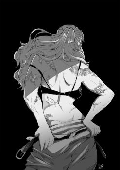 balalaika_(black_lagoon) blonde_hair bra burn_scar clothes_pull facing_away hadalydesigns long_hair looking_back panties pants pants_pull ponytail scar underwear