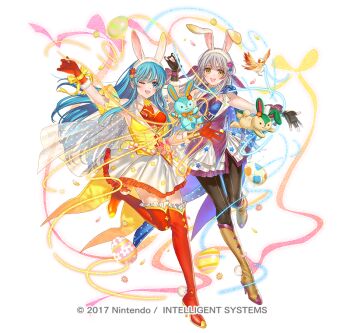 Rule 34 | 2girls, animal ear hairband, animal ears, aqua eyes, aqua hair, bare shoulders, bird, black pantyhose, blue eyes, blue hair, blue shirt, blush, boots, breasts, brown boots, brown gloves, commentary, commentary request, dress, easter egg, egg, eirika (fire emblem), eirika (spring company) (fire emblem), english commentary, fake animal ears, fake tail, fighting stance, fingerless gloves, fire emblem, fire emblem: radiant dawn, fire emblem: the sacred stones, fire emblem heroes, flower, gloves, grey hair, hair ribbon, hairband, holding, kippu, long hair, micaiah (fire emblem), micaiah (spring company) (fire emblem), mixed-language commentary, multiple girls, neckerchief, nintendo, official alternate costume, official art, one eye closed, open mouth, pantyhose, purple neckerchief, purple vest, rabbit ears, rabbit tail, red boots, red gloves, red neckerchief, red shirt, ribbon, shirt, simple background, skirt, sleeveless, smile, stuffed animal, stuffed rabbit, stuffed toy, tail, thigh boots, vest, white hairband, white skirt, yellow eyes, yellow vest, yune (fire emblem)