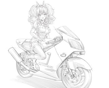 Rule 34 | 1girl, :d, absurdres, alternate costume, angelina (arknights), animal ear fluff, animal ears, arknights, arknights: endfield, collared dress, dot nose, dress, fourtwelve, fox ears, fox girl, frilled dress, frills, full body, gilberta (arknights), greyscale, highres, looking at viewer, medium hair, monochrome, motor vehicle, motorcycle, on motorcycle, open mouth, shoes, short dress, smile, sneakers, solo, thighhighs, twintails