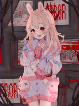 Rule 34 | 1girl, :d, absurdres, aei jiei, ahoge, animal ears, blood, blue bow, blush, bow, coat, commentary, commission, hair bow, hair ornament, heart, heart hair ornament, highres, long hair, looking at viewer, multicolored coat, open mouth, phase connect, pink hair, pipkin pippa, pipkin pippa (1st costume), pixiv commission, rabbit ears, rabbit girl, rabbit hair ornament, red bow, red eyes, sleeves past fingers, sleeves past wrists, smile, solo, tank top, tongue, virtual youtuber