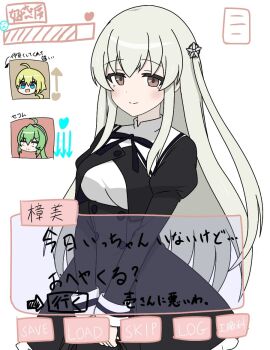 3girls :d ahoge amano_soraha arrow_(symbol) assault_lily black_ribbon blonde_hair blush breasts brown_eyes buttons closed_mouth cropped_jacket dialogue_box dialogue_options egawa_kusumi fake_screenshot flower green_hair grey_hair hair_between_eyes hair_flower hair_ornament hairband head_only heart high-waist_skirt juliet_sleeves kimassi long_hair long_sleeves looking_at_viewer low_ponytail medium_breasts multiple_girls neck_ribbon open_mouth ponytail puffy_sleeves ribbon school_uniform shirt sidelocks simple_background skirt smile standing tanaka_ichi translated user_interface v-shaped_eyebrows v_arms very_long_hair white_background white_flower white_hairband white_shirt yurigaoka_girls_academy_school_uniform