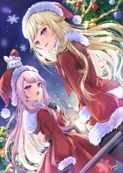 2girls against_railing black_gloves black_thighhighs blonde_hair blue_hair bow bowtie christmas christmas_ornaments christmas_tree commentary_request dress fang fur-trimmed_dress fur-trimmed_headwear fur-trimmed_thighhighs fur_trim gloves hair_flaps hat hat_ornament highres himehina_channel hooded_dress long_hair multicolored_hair multiple_girls open_mouth outdoors pink_hair pom_pom_(clothes) purple_eyes rabbit_hat_ornament railing red_bow red_bowtie red_dress red_hair red_hat ruu_hh santa_hat skin_fang sky snowflakes streaked_hair suzuki_hina tanaka_hime thighhighs virtual_youtuber