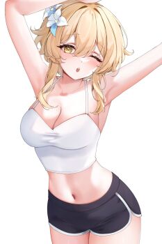 1girl armpits arms_up black_shorts blonde_hair blush breasts cleavage commentary_request cowboy_shot crop_top dolphin_shorts double-parted_bangs flower genshin_impact hair_between_eyes hair_flower hair_ornament highres large_breasts looking_at_viewer lumine_(genshin_impact) medium_hair midriff one_eye_closed open_mouth riria_mona1 short_shorts shorts simple_background solo tank_top white_background white_tank_top yellow_eyes