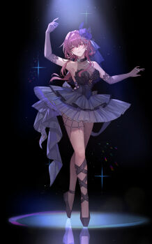 1girl absurdres alternate_costume arm_up armpits ballerina ballet ballet_slippers bare_shoulders black_background black_dress black_feathers breasts brown_pantyhose cleavage closed_mouth dancer dress dress_flower earrings elbow_gloves feathers floating_hair flower full_body gloves hair_between_eyes hair_flower hair_ornament hand_up highres honkai:_star_rail honkai_(series) jewelry kafka_(honkai:_star_rail) long_hair looking_at_viewer multiple_rings necklace no_pupils pantyhose purple_eyes purple_flower purple_gloves purple_hair reflection ring simple_background solo yolanda