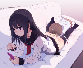1boy 1girl age_difference ass bad_id bad_pixiv_id black_eyes black_hair black_serafuku black_skirt black_thighhighs blush brown_hair cellphone collarbone couch cunnilingus expressionless hetero holding holding_phone indoors long_hair long_sleeves looking_at_phone lying neckerchief on_stomach onee-shota oral original panties panties_around_leg panty_pull parted_lips phone pleated_skirt sailor_collar school_uniform serafuku shirt short_hair shota simple_background skindentation skirt smartphone steam teenage_girl_and_younger_boy thighhighs underwear unimon_e white_panties white_shirt